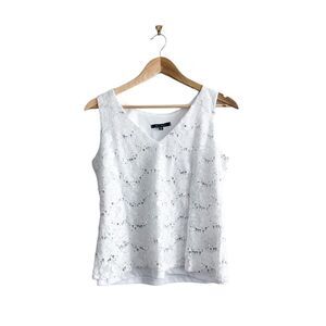 Blu Sage Tank Top V Neck White Women's M Lace Silver Sequins Lined